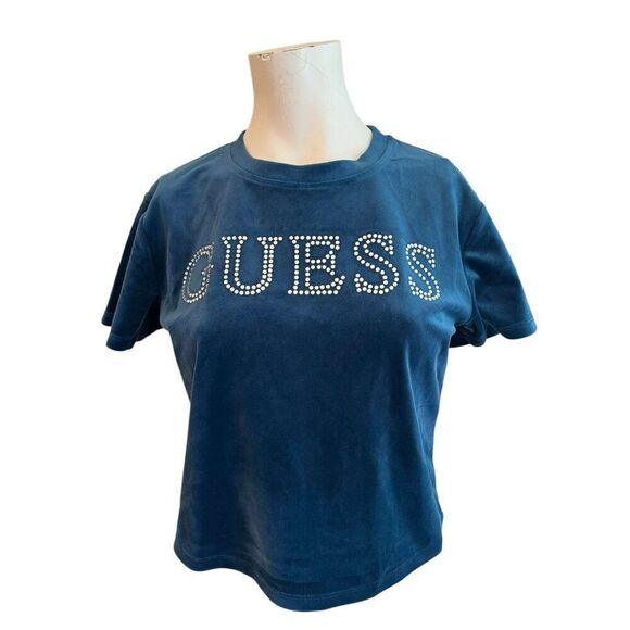 Guess Couture Ladies Medium Teal Velvet Beaded Logo Crop Top NWT MSRP $44 - Picture 1 of 3